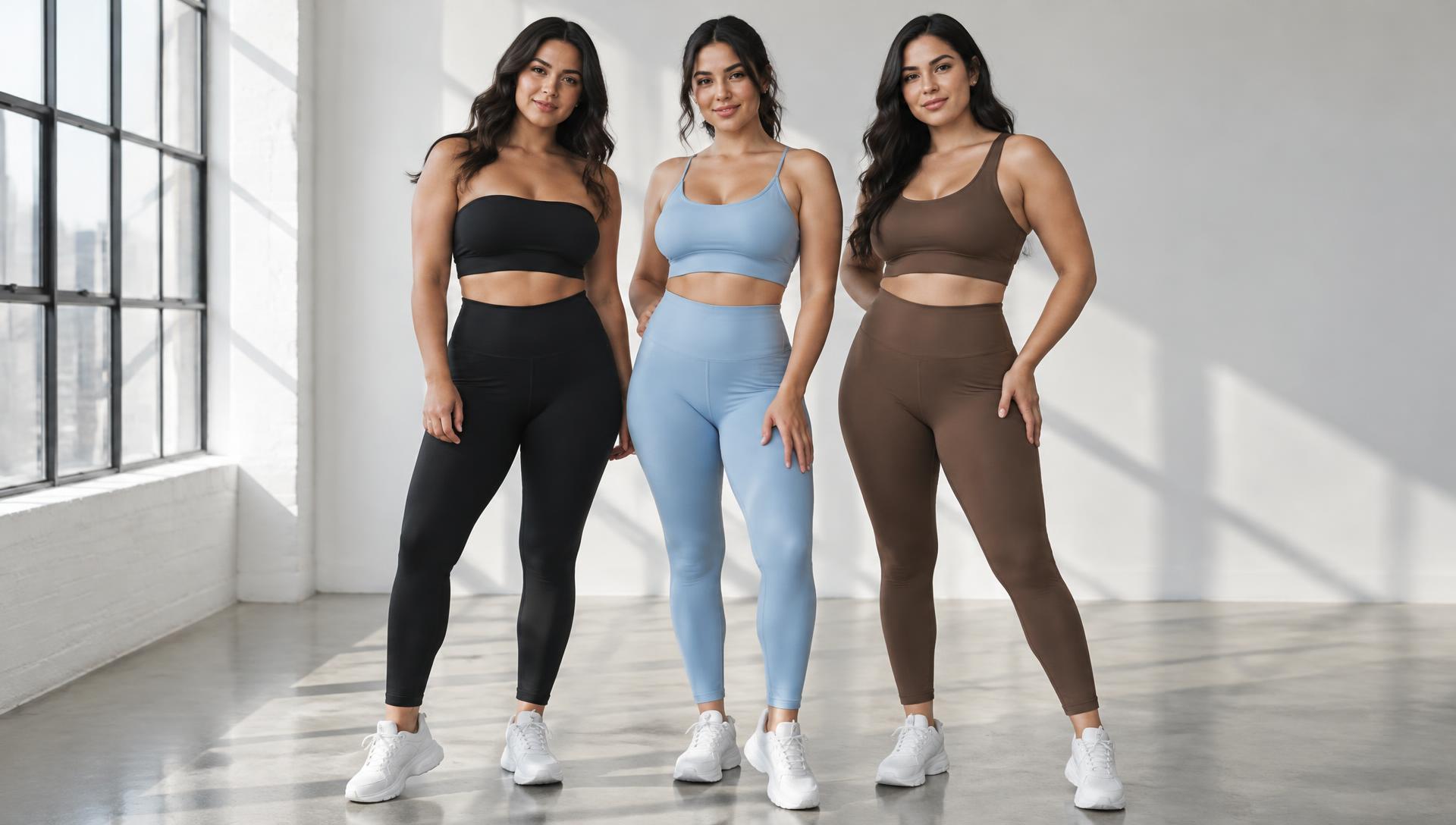Tres modelos con conjuntos deportivos RAIZA en negro, azul y café